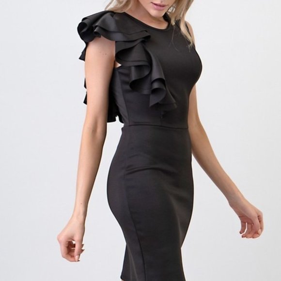 Cocktail dress One Flutter sleeve Black ELEGANT mini - Picture 6 of 8
